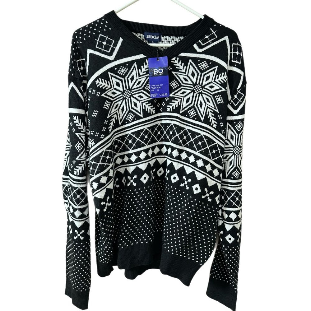 Blue Ocean Men’s Size XL Black Snowflake Pullover Sweater NEW NOS